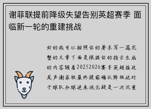谢菲联提前降级失望告别英超赛季 面临新一轮的重建挑战 谢菲联提前降级失望告别英超赛季 面临新一轮的重建挑战