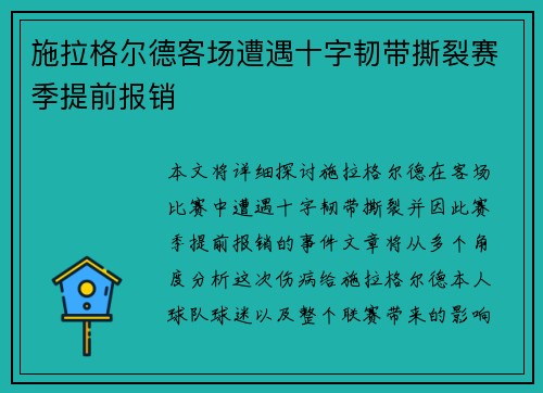 施拉格尔德客场遭遇十字韧带撕裂赛季提前报销